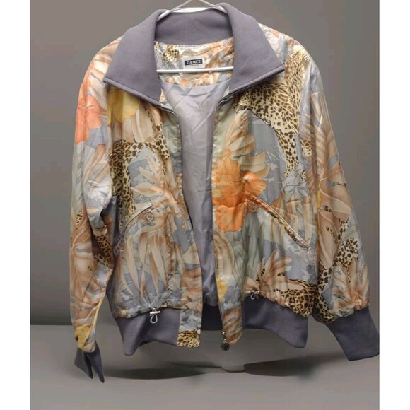 Damee NY Satin Jacket Cheetah Long Sleeve Zip-Up Collared Art To Wear Size M - Picture 2 of 12